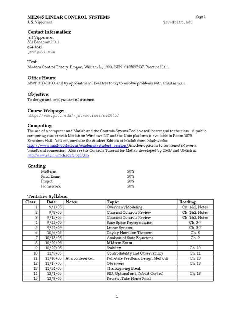 Linear Control Systems Syllabus PDF Control Theory Matlab