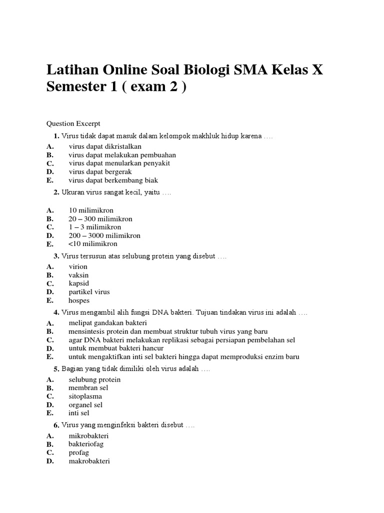 Latihan Online Soal Biologi SMA Kelas X Semester 1 Latihan Online Soal Biologi SMA Kelas X Semester 1