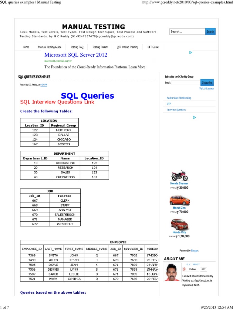 SQL Queries Examples Manual Testing | Computer Data | Sql