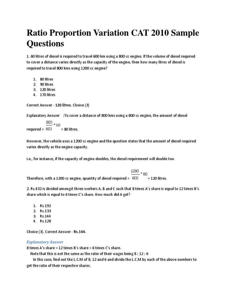 9.ratio Proportion Variation CAT 2010 Sample Questions | PDF | Ratio ...