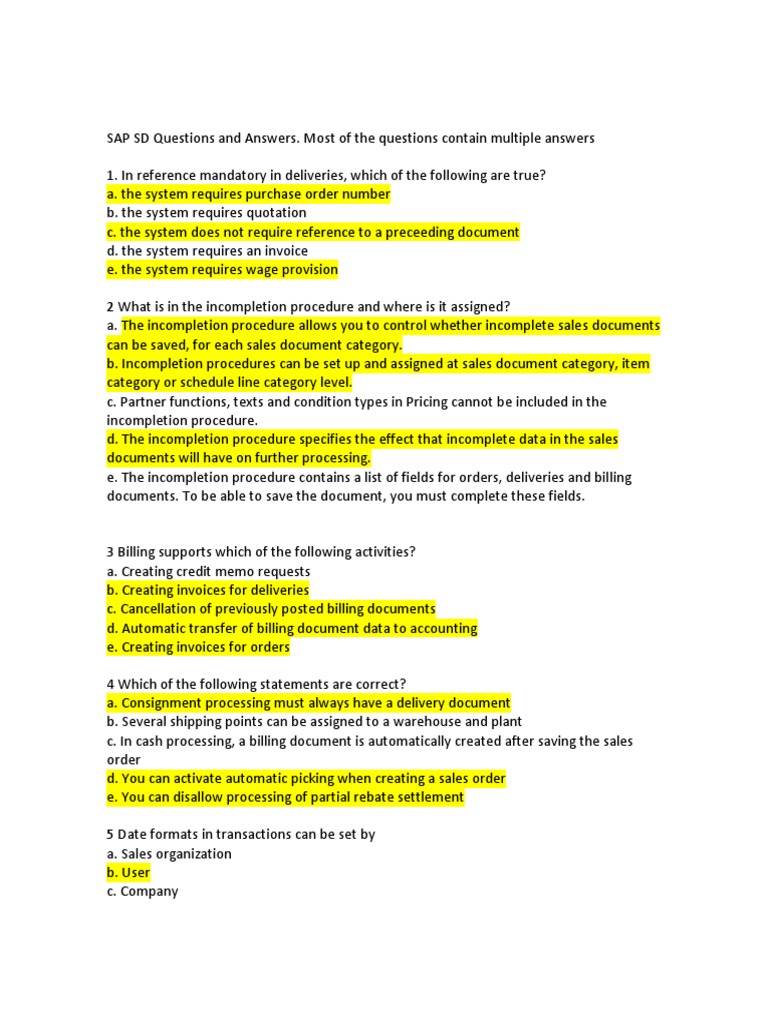 SAP SD Exam Questions and Answers | PDF | Invoice | Delivery (Commerce)