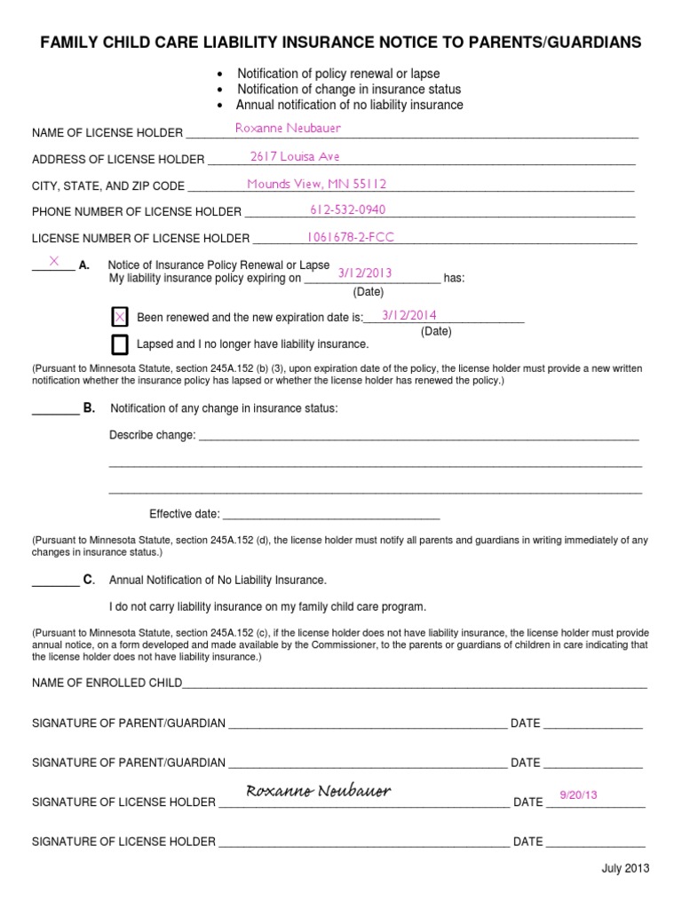 Family Child Care Insurance Notice | PDF