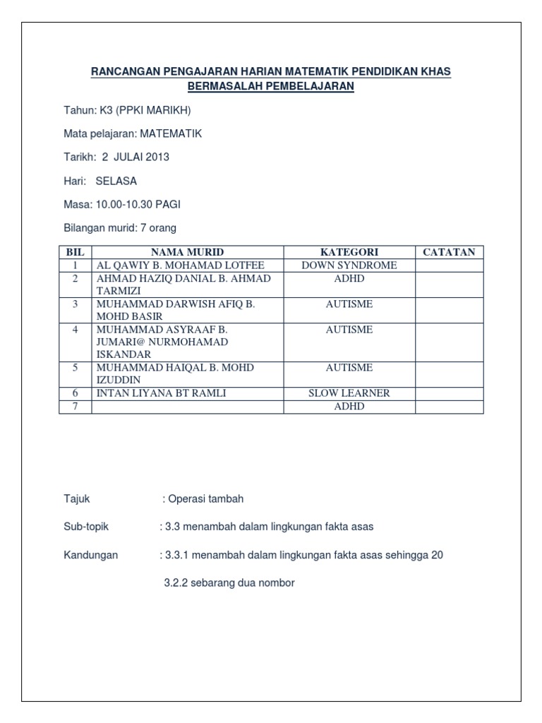 Rancangan Pengajaran Harian Matematik Pendidikan Khas Bermasalah Pembelajara1 Pdf