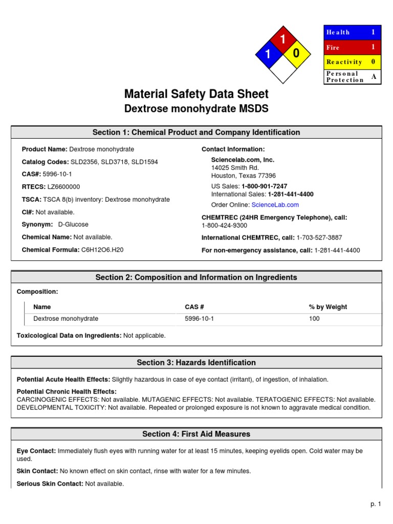 Dextrose Monohydrate Msds PDF