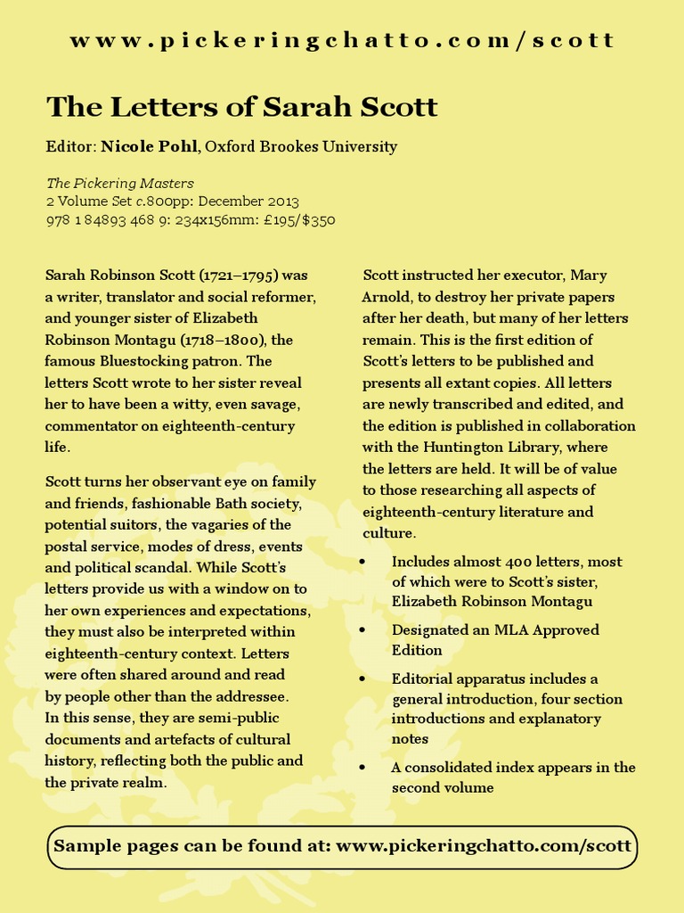 The Letters of Sarah Scott: First Edition | PDF | Classics