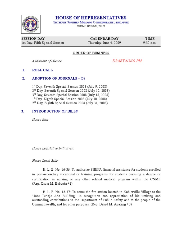 House of Representatives Session Day Calendar Day Time PDF United