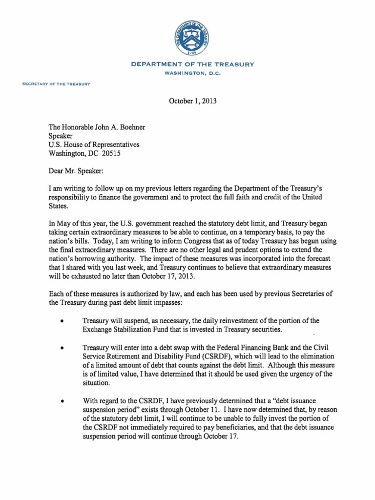 Treasury Letter to Congress_100113 United States Debt Ceiling Debt