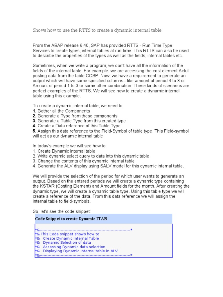 Shows How To Use The RTTS To Create A Dynamic Internal Table | PDF | Areas  Of Computer Science | Computer Science