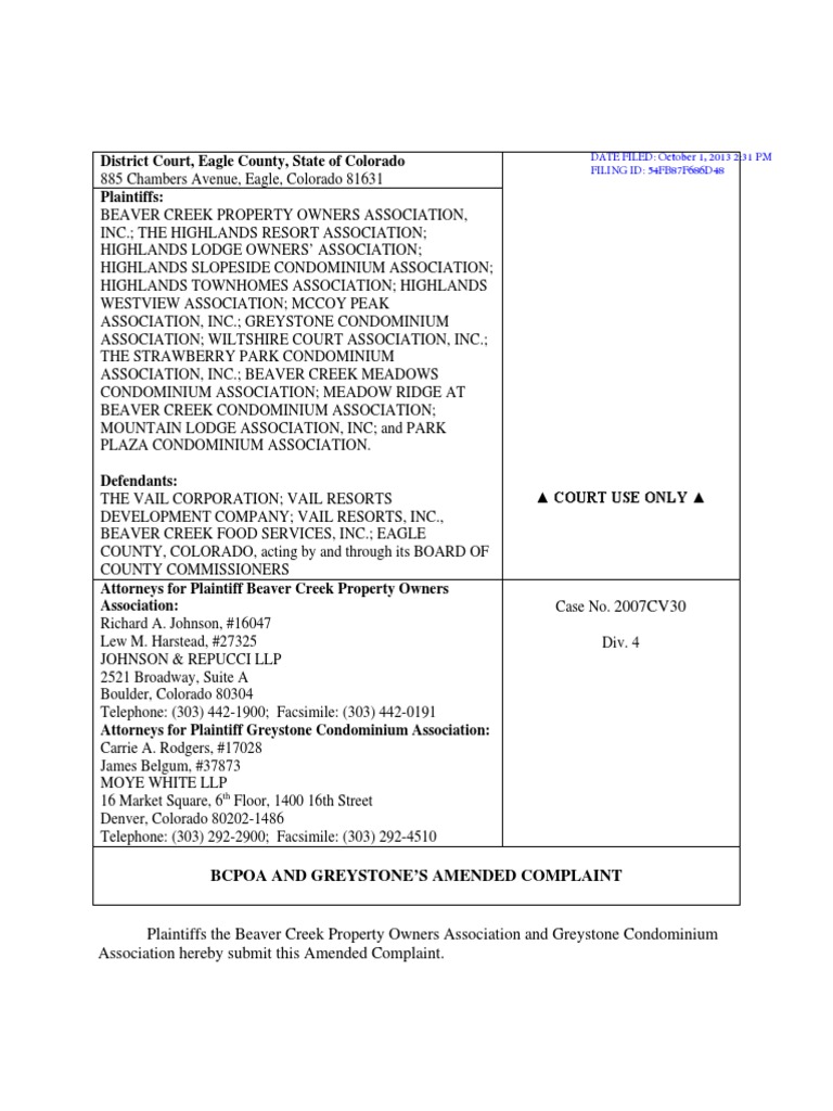 Beaver Creek Property Owners Association Lawsuit Against Vail Resorts