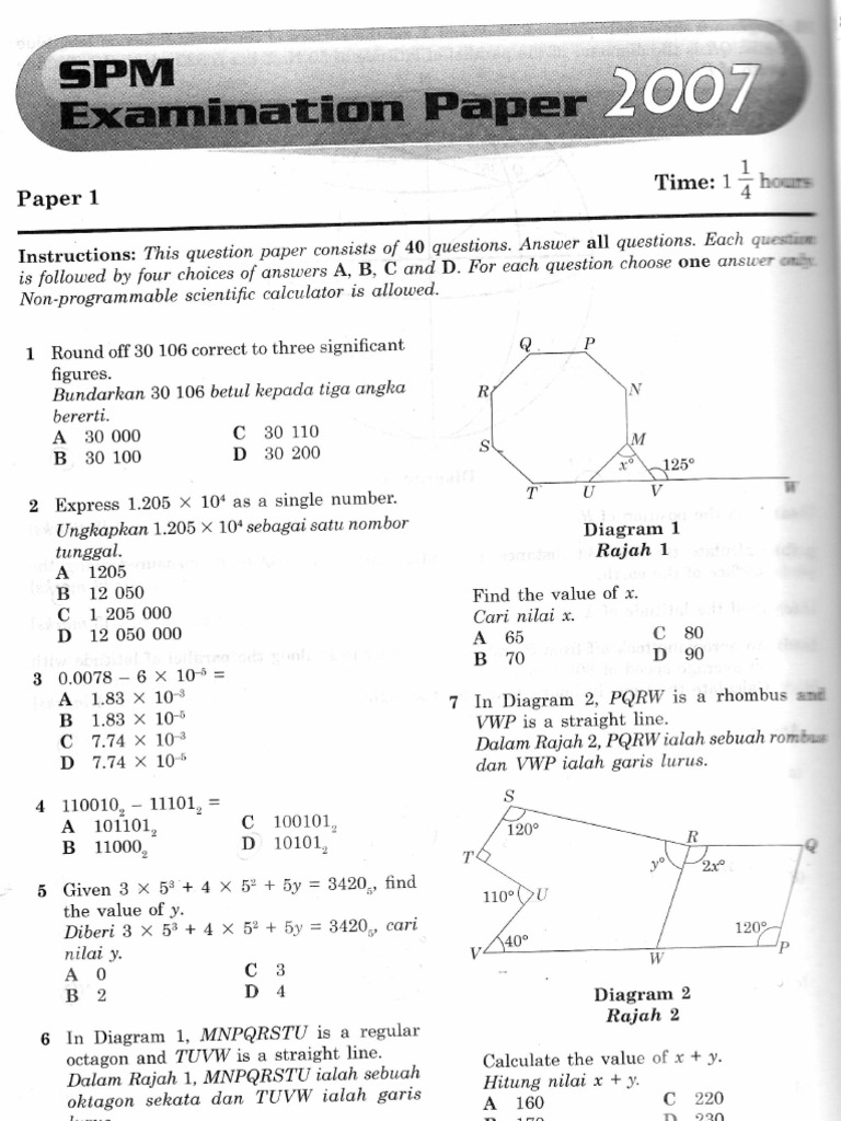 SPM 2007 Mathematics P1 | PDF