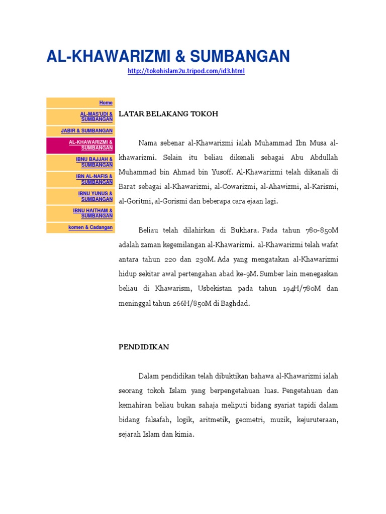 Al Khawarizmi Sumbangan Latar Belakang Tokoh Pdf