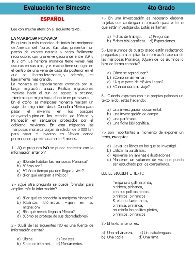 Evaluación de Español y Matemáticas 4to Grado | PDF | Oasisamerica ...