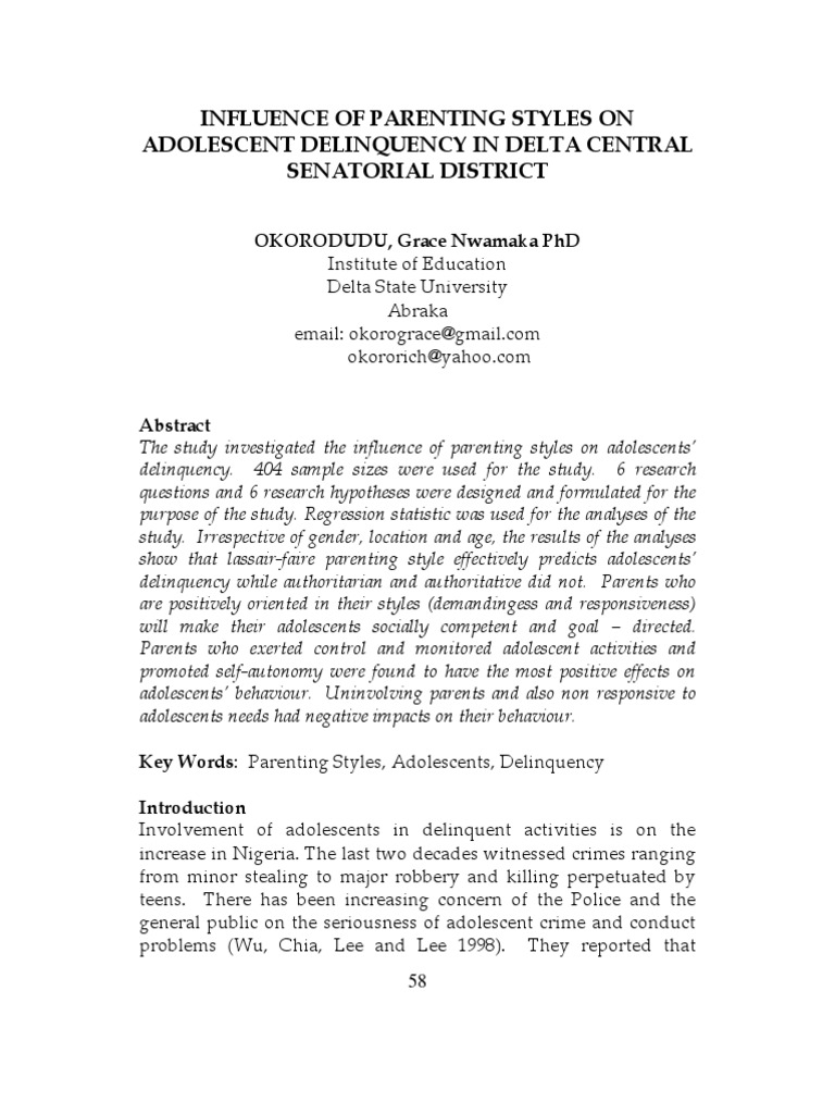 Influence of Parenting Styles On Adolescent Delinquency in Delta ...