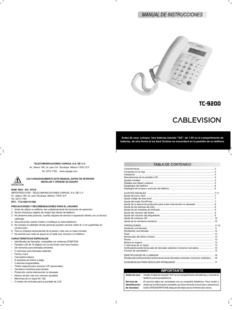 Telefono Cablevision Beetel Tc9200 Instructivo Teléfono Calculadora