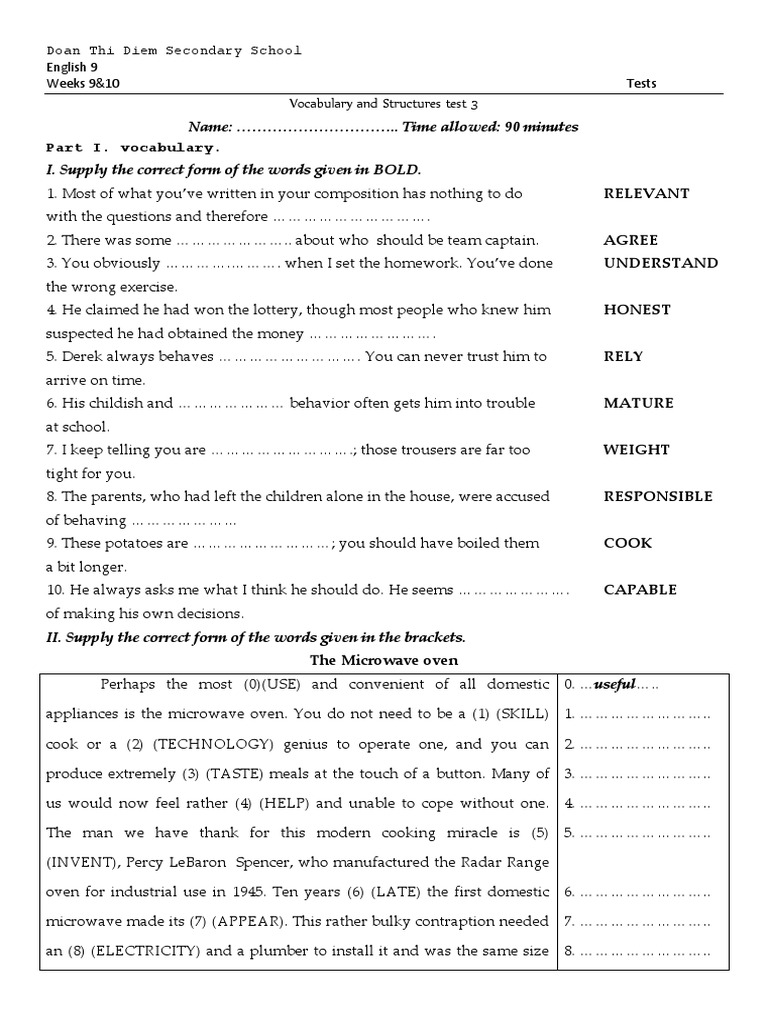 Vocabulary and Structures Test 3 | PDF | Ellipsis