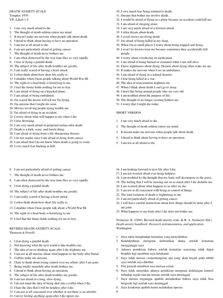 Templer Death Anxiety Scale Overview | PDF | Anxiety | Death
