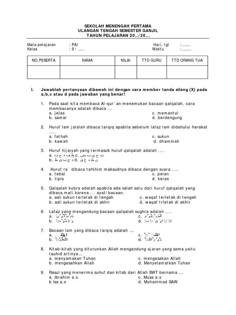 Soal Uts Pai Kelas 8