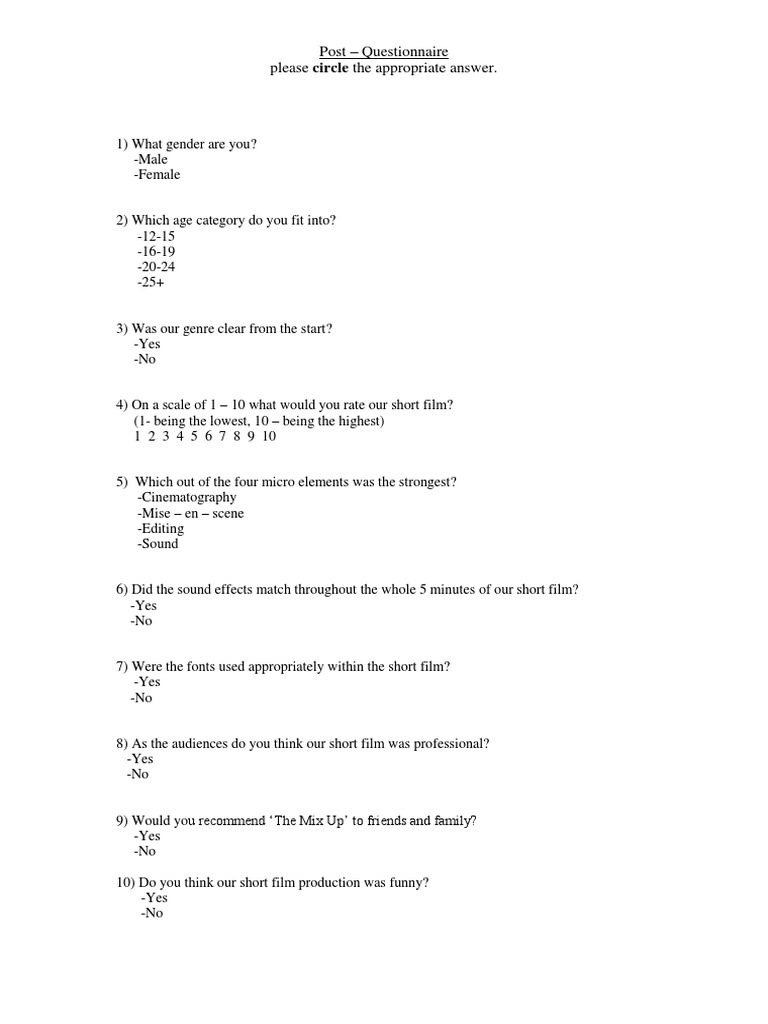Post Questionnaire Please Circle The Appropriate Answer PDF