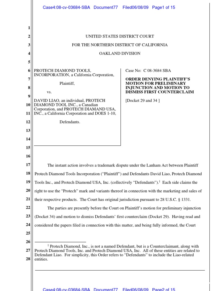Protech Denial of Preliminary Injunction Federal Rules Of Civil