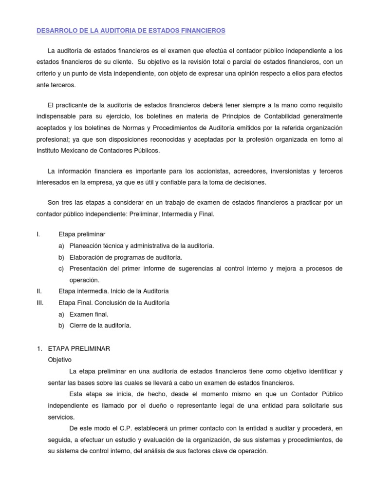 Etapas de la Auditoría Financiera | PDF | Auditoría financiera | Contralor
