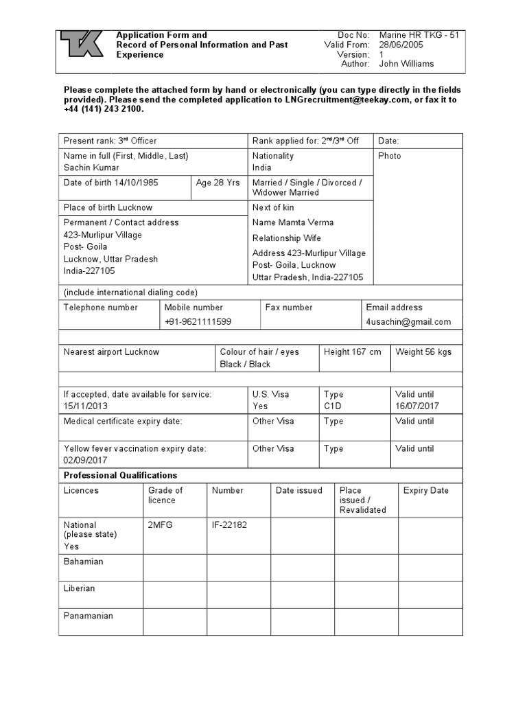 sample of application letter for seafarer