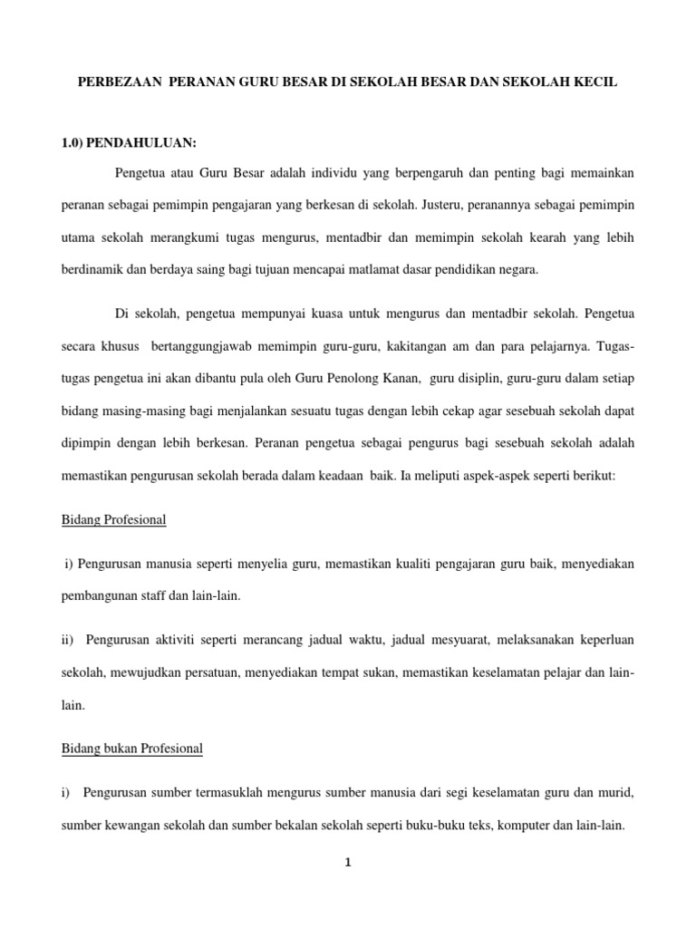 Perbezaan Peranan Guru Besar Di Sekolah Besar Dan Sekolah Kecil Pdf