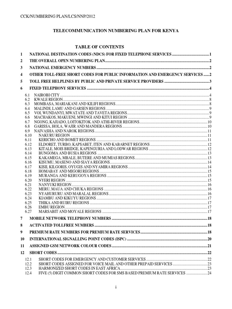Numbering Plan Telephone Numbering Plan Nairobi