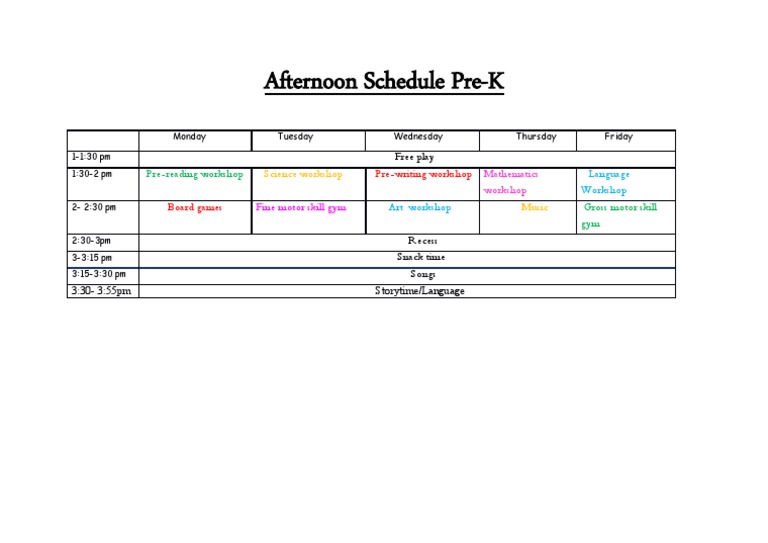 Pre-K Afternoon Schedule Overview | PDF