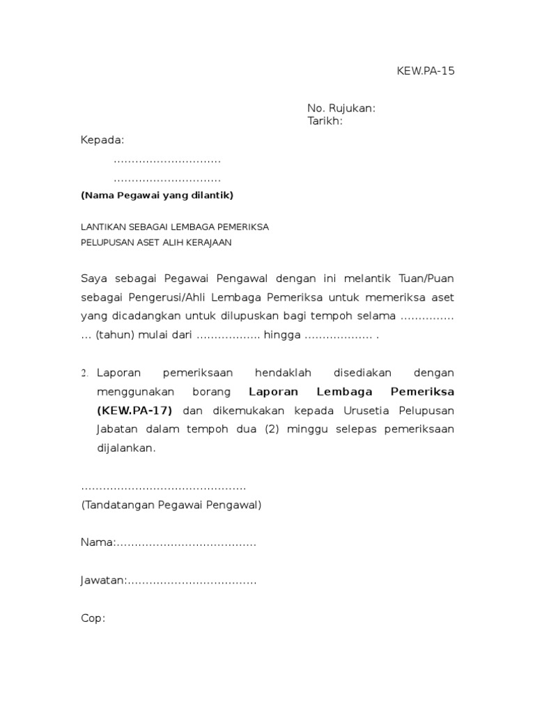 Contoh Surat Lantikan Pegawai Aset Sekolah