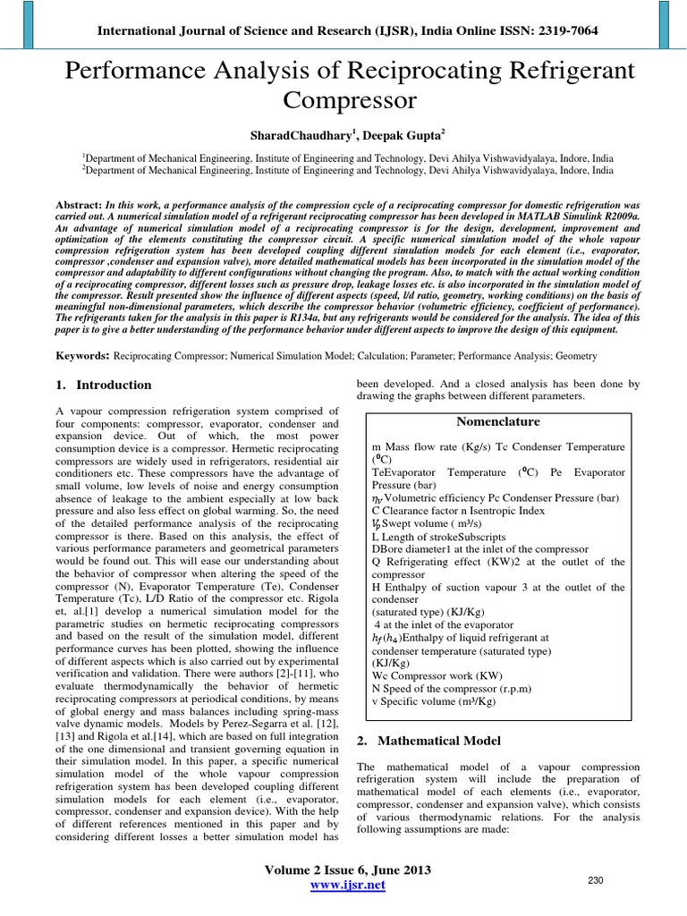 Performance Analysis of Reciprocating Refrigerant Compressor PDF