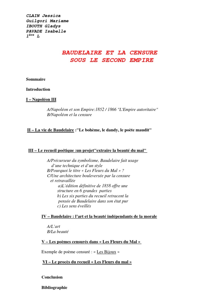 Quels Sont Les 6 Poèmes Censurés Des Fleurs Du Mal Baudelaire Et La Censure Sous Le Second Empire | PDF | Les Fleurs du mal |  Charles Baudelaire