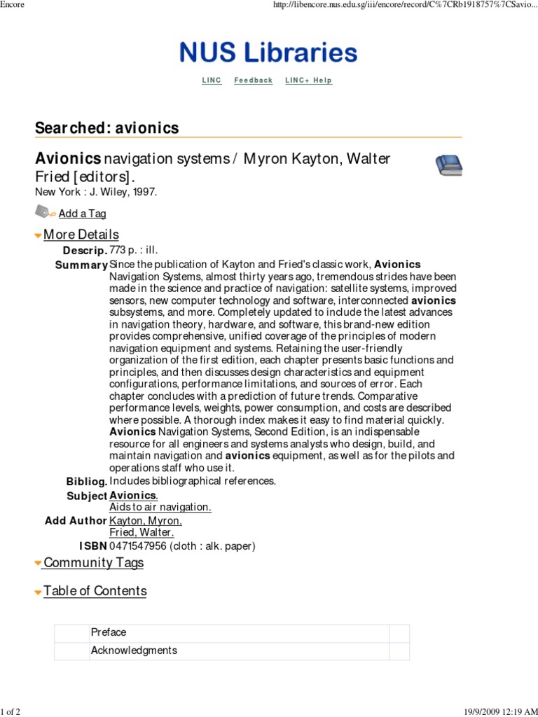 Searched Avionics Avionics Navigation Systems / Myron Kayton, Walter