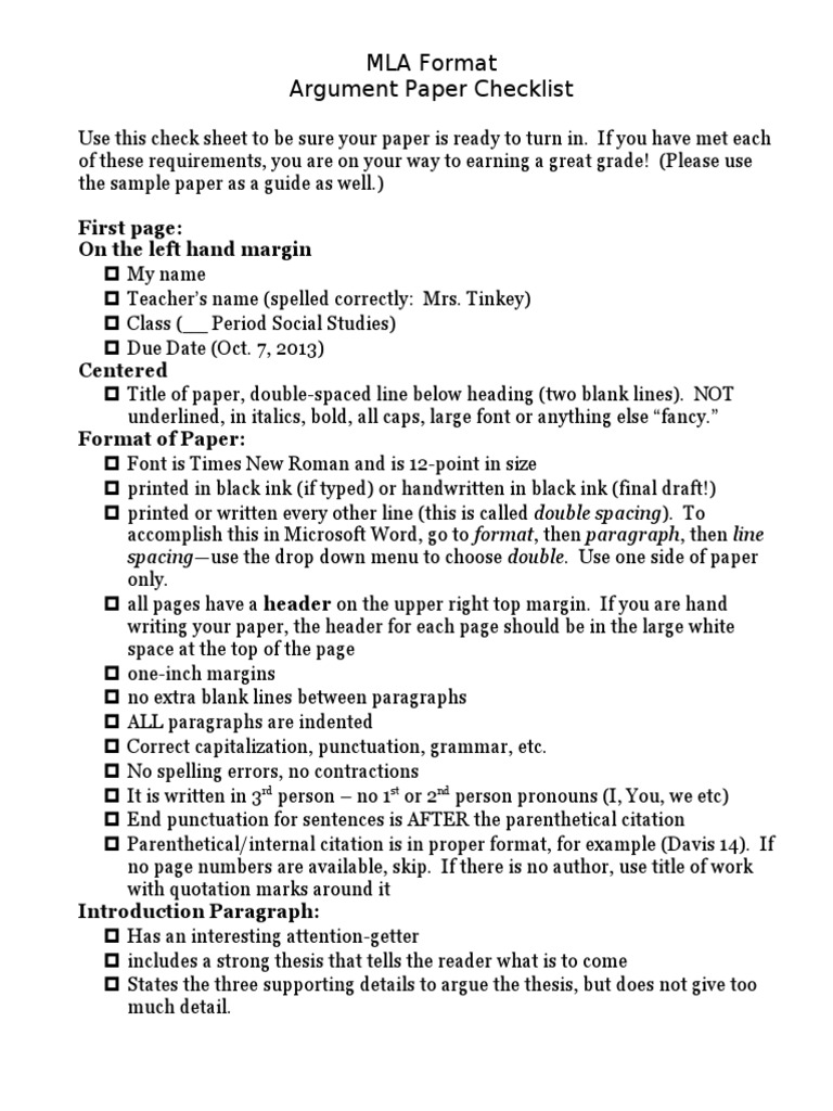 Mla Format Checklist For Final Draft Citation Paragraph