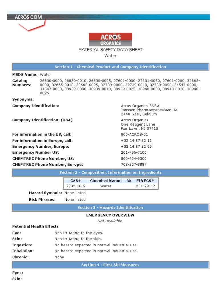 Material Safety Data Sheet Water Section 1 Chemical Product and