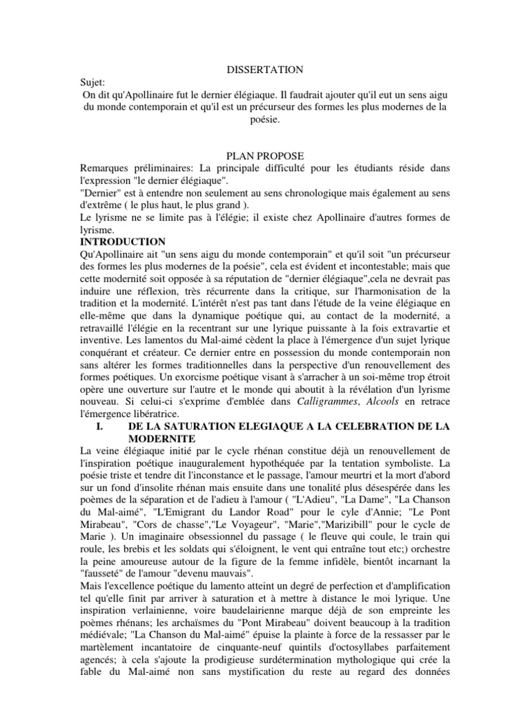 Dissertation Alcools Apollinaire Modernite Et Tradition Pdf Un Exemple de Dissertation Autour de Guillaume Ire | PDF | Poésie