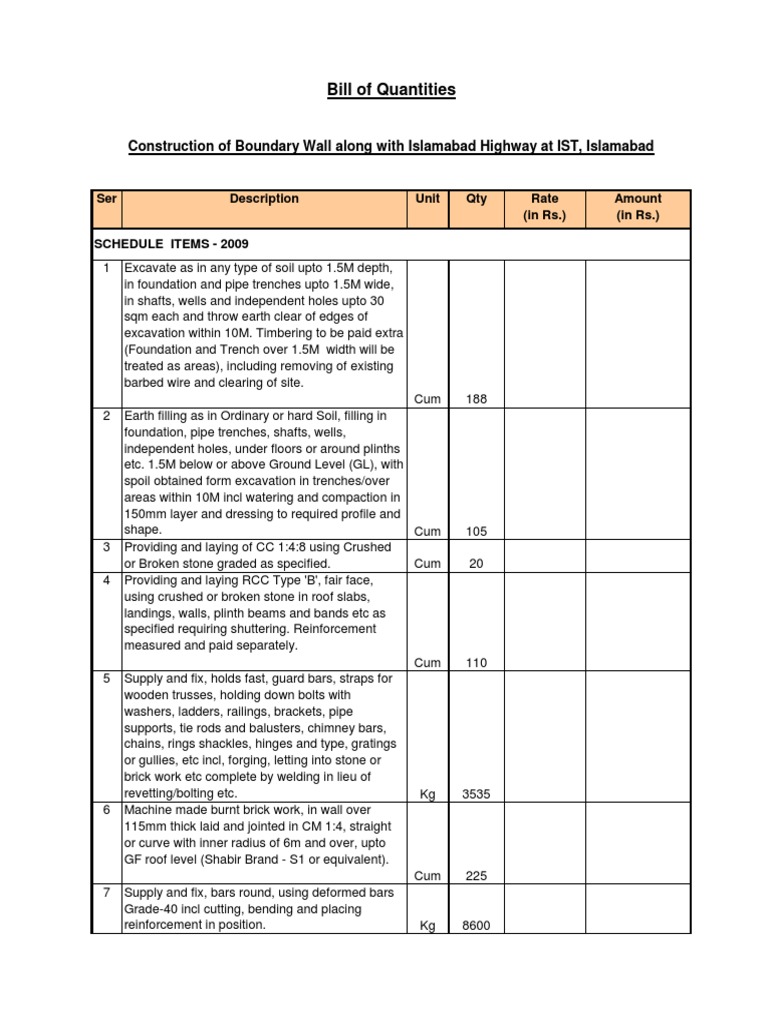 BoQ Boundary Wall Foundation (Engineering) Soil