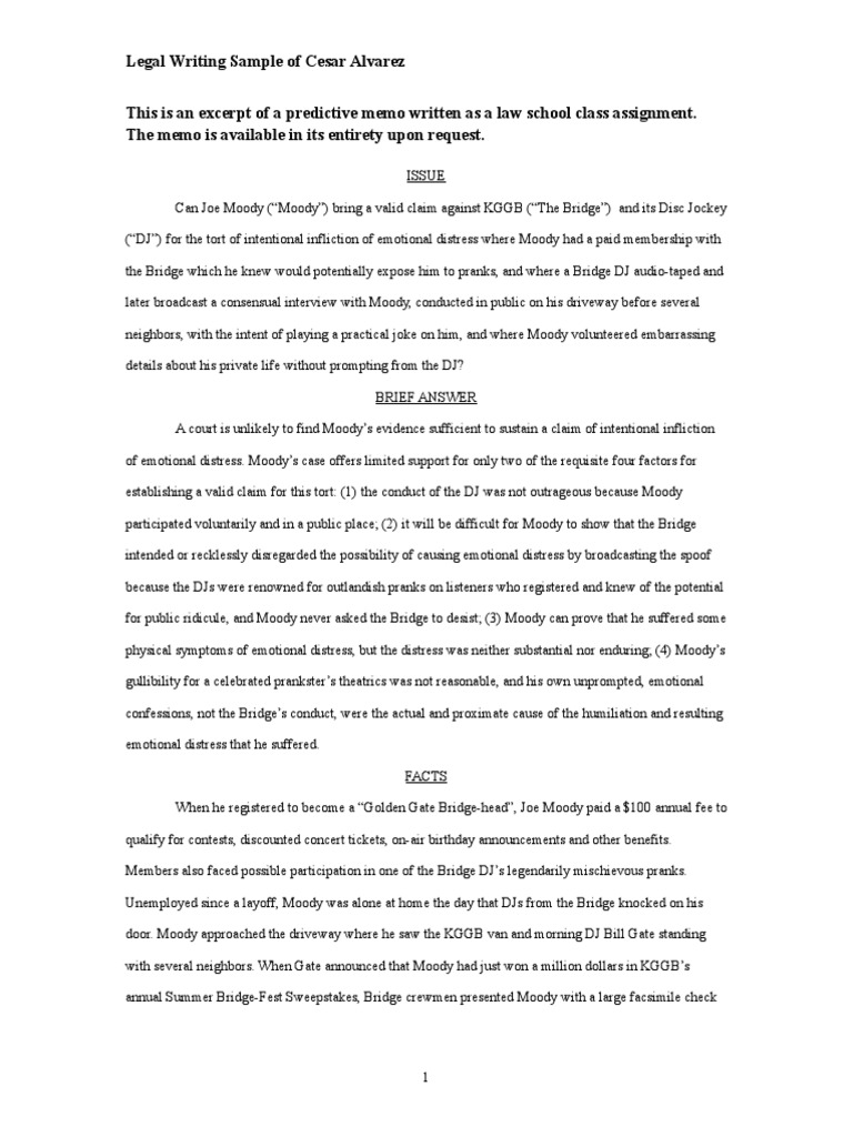 Predictive Memo on Emotional Distress Claim | PDF | Intentional ...
