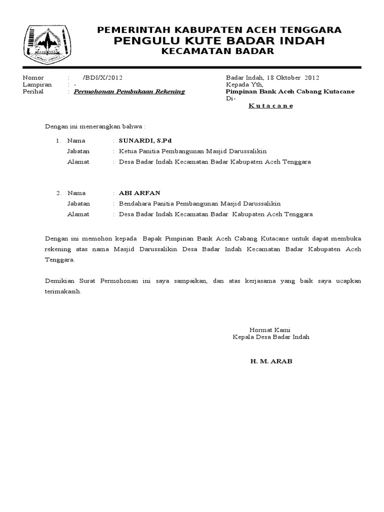 Surat Permohonan Buka Rek Pdf