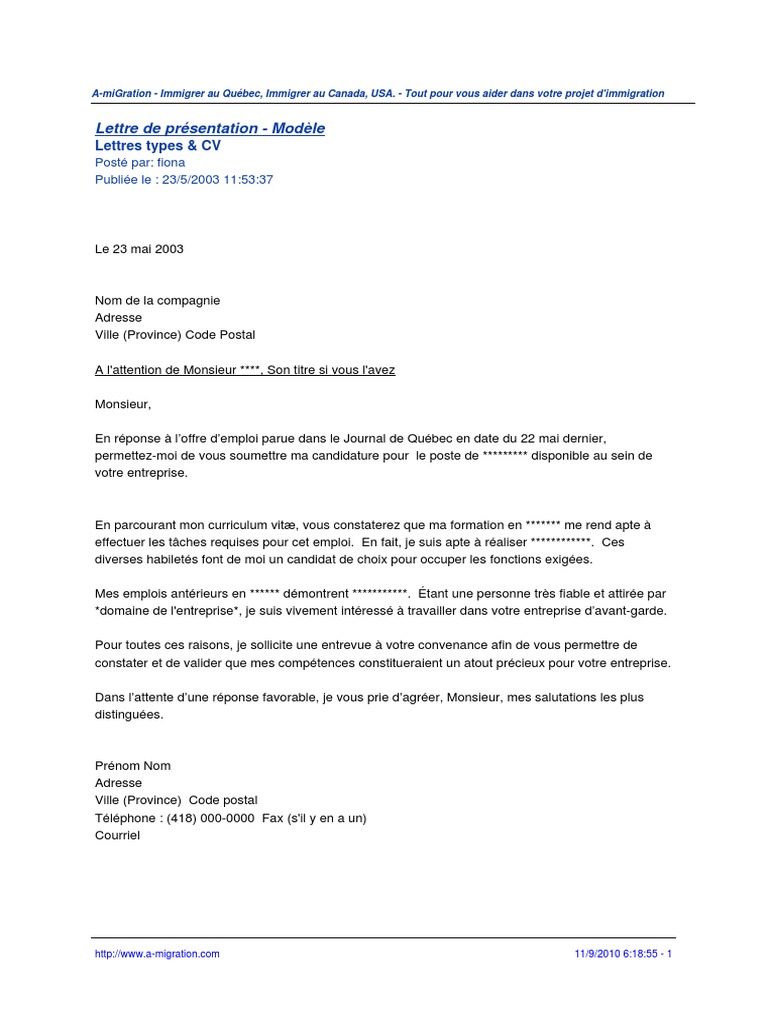 Lettre De Motivation Quebec Exemple