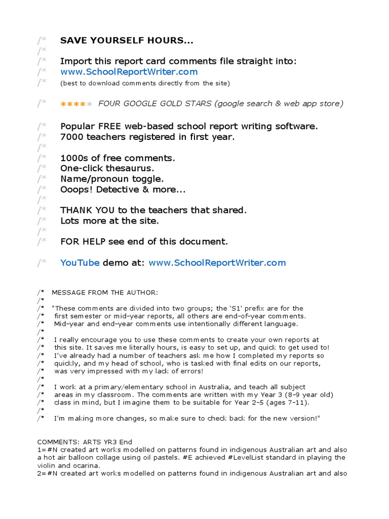 report card comments, elementary/primary (file 1) | reading
