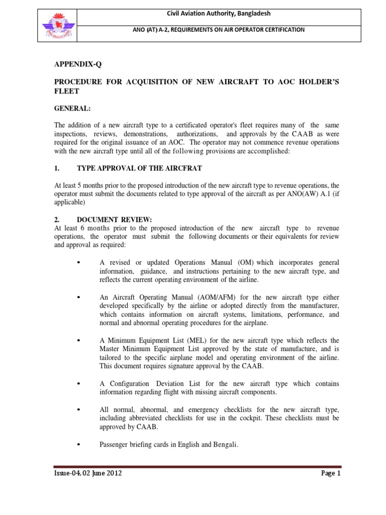 AOC Requirements for New Aircraft Induction | PDF | Flight Attendant ...