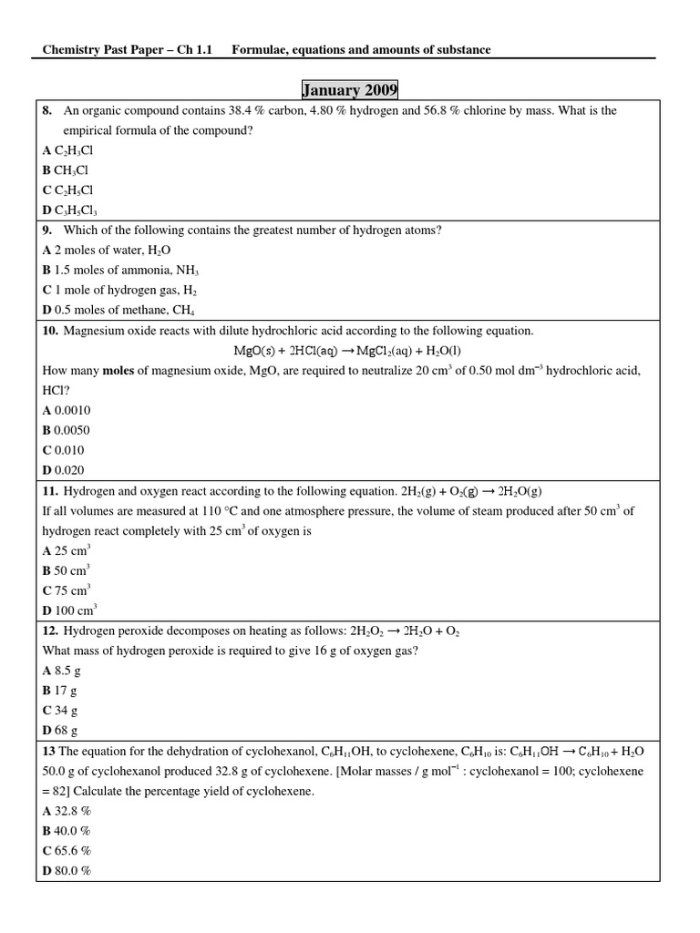 Chemistry Past Paper Ch1.1 Mole (Unit) Acid