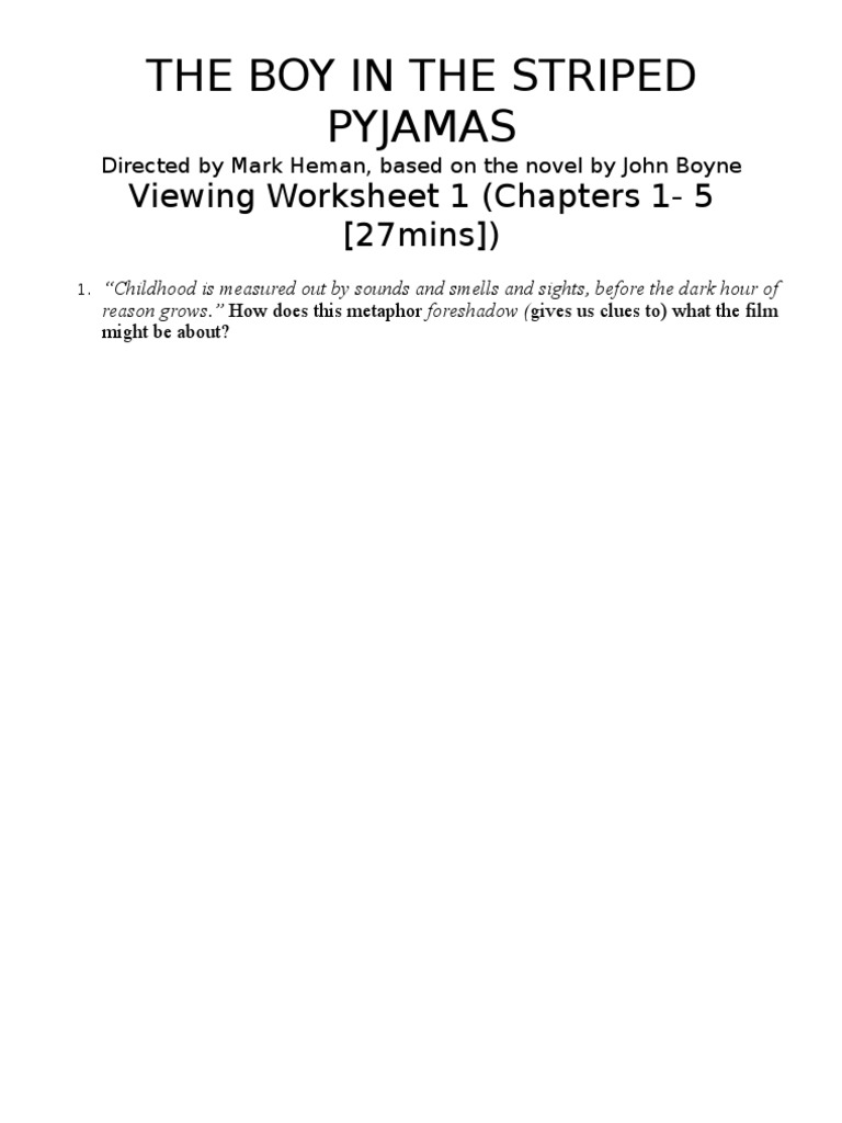 Boy in Striped Pyjamas film viewing worksheets