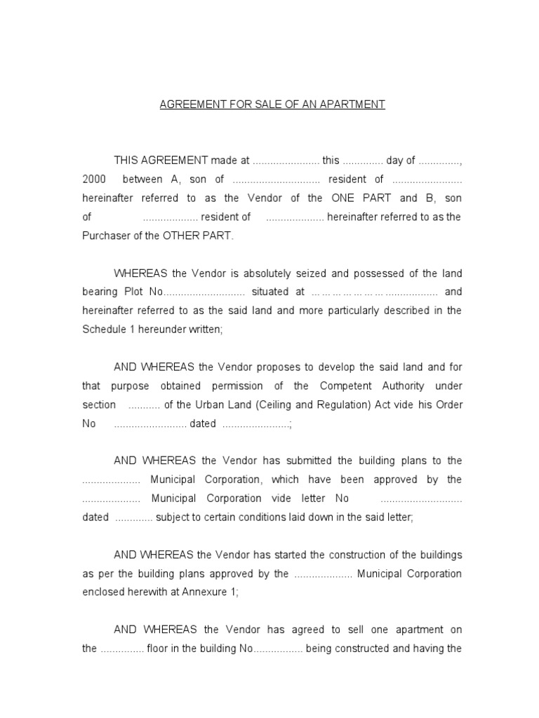 Agreement for Sale of an Apartment Deed Apartment Free 30day