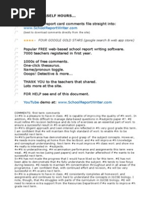 Report Card Comments, Biology General Science, High School/Secondary