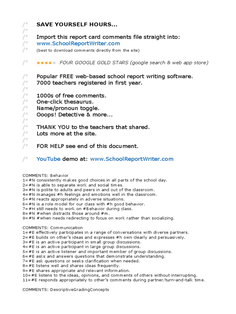 Report Card Comments, Science (File 1), High School/Secondary | PDF