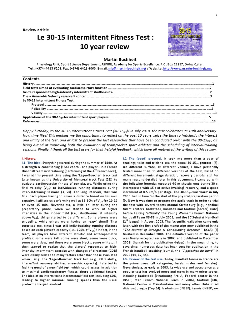 30-15 Intermittent Fitness Test Review | PDF | Aerobic Exercise ...