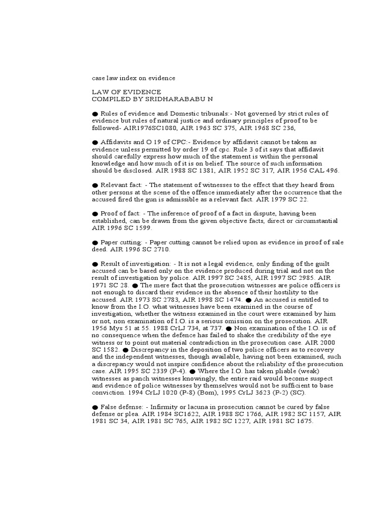 Case Law Index on Evidence Principles | PDF | Evidence (Law) | Witness