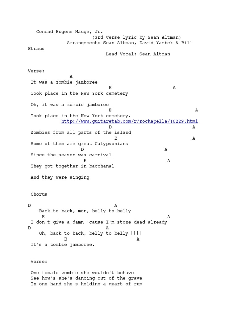 Zombie Jamboree Rockapella Lyrics and Chords PDF