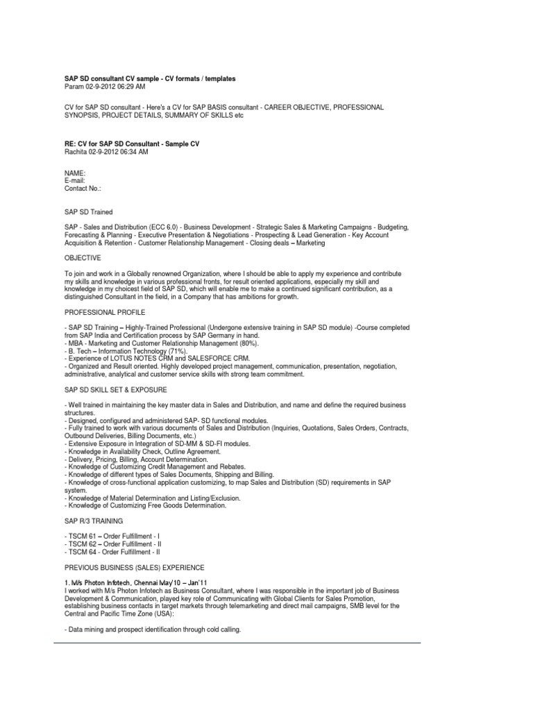 SAP SD Consultant Sample CV | PDF | Sap Se | Customer Relationship ...